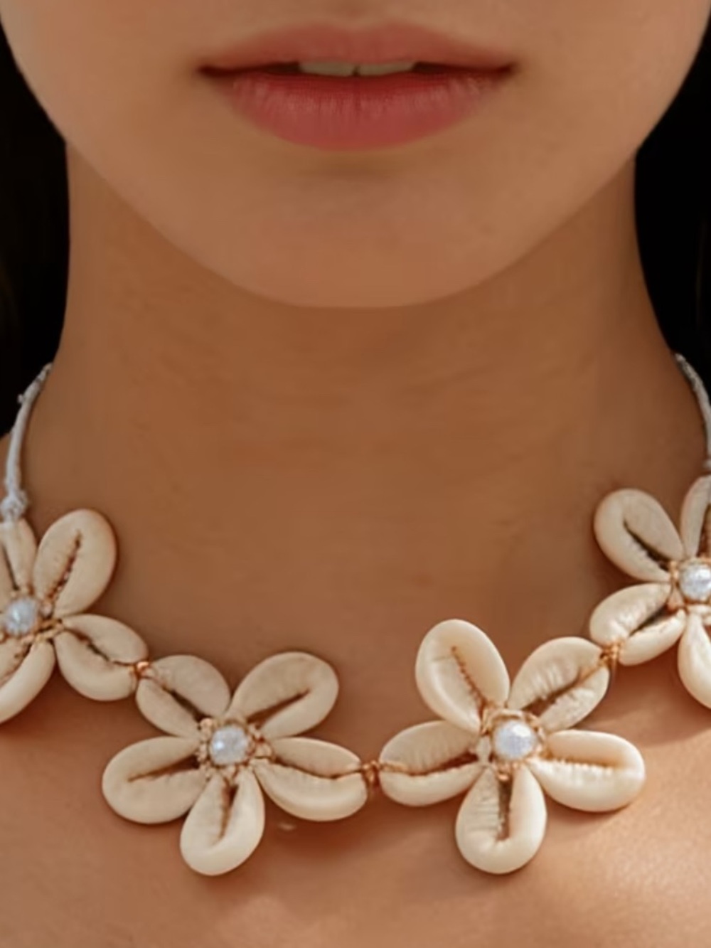 Cream Floral Shell Necklace with Pearl Centers